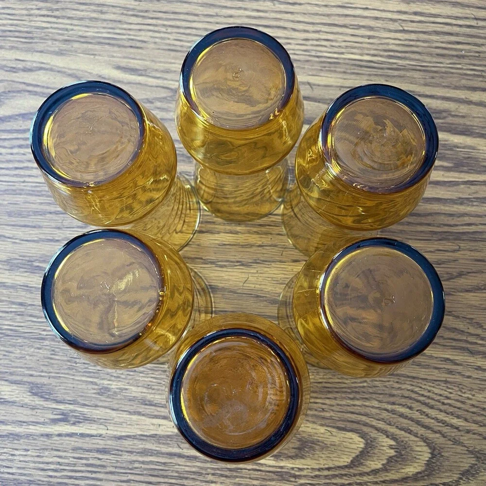 VTG Set of 6 Libbey Optic Swirl Tumblers Amber Honey Gold 7” Iced Tea Glasses